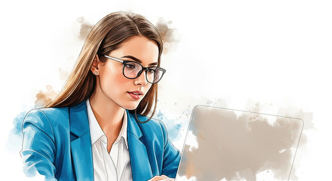 Professional woman in glasses engaged with her laptop, focused and determined, in a creative artistic style with copy space for Webmaster's Day promotions.