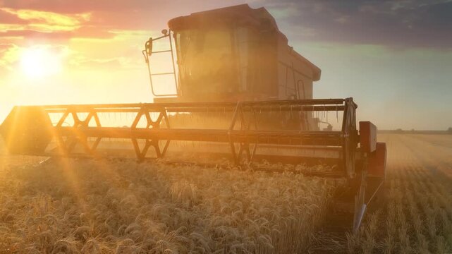 Combine harvester working on the wheat field at sunset, low angle view - close up, slow motion. Beautiful rural summer landscape. Food production, agriculture concept.