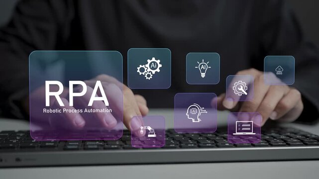 RPA robotic process automation concept. Person typing keyboard with automation and workflow icons, business process automation, digital transformation and operational efficiency.