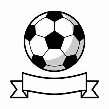 A soccer ball is depicted in a simple, black and white style above a blank ribbon.
