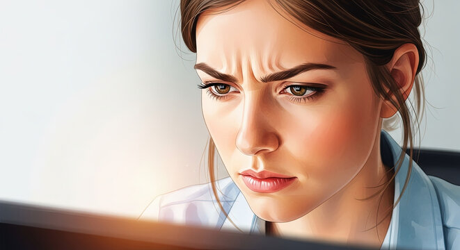 Focused young woman with a serious expression working intently on a computer in a modern office environment, perfect for a profile on Webmaster's Day.