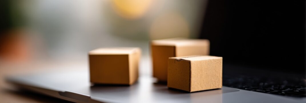 Miniature cardboard boxes on laptop keyboard shallow depth warm light cozy workspace