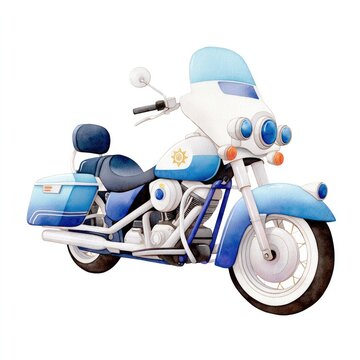 Watercolor cartoon police motorcycle with blue lights for children's book illustration or educational materials on white background