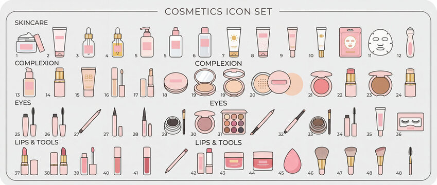 Cosmetics icon set displays various products for skincare, complexion, eyes, lips, and tools arranged on a simple background