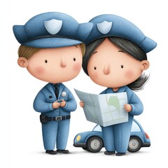 Watercolor cartoon of police officers with map for children's book design or educational materials on white background