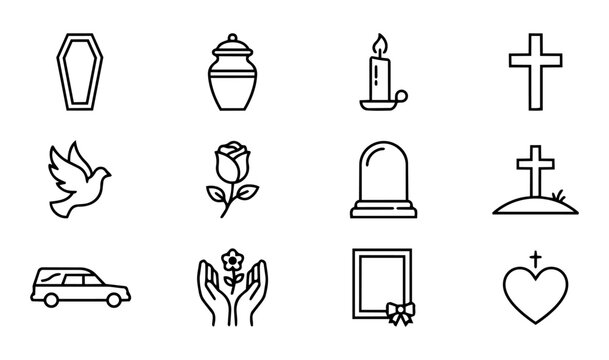 Funeral Line Icons Set &ndash; Memorial, Mourning and Burial Service Outline Symbols