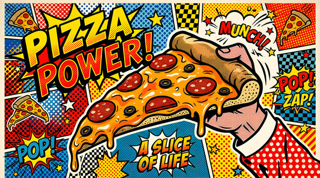 vector illustration of an abstract background Pop art illustration of a hand holding a pepperoni pizza slice