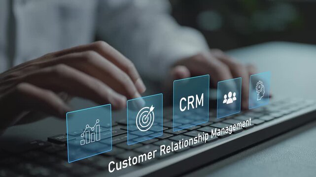 CRM customer relationship management concept. Person typing keyboard with customer data and communication icons, client management, sales tracking and business relationships.