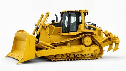 Obraz premium Massive powerful yellow hydraulic bulldozer isolated on white background mooving from right to left. 3D illustration. Side view. 