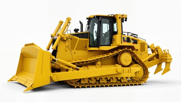 Massive powerful yellow hydraulic bulldozer isolated on white background mooving from right to left. 3D illustration. Side view.
