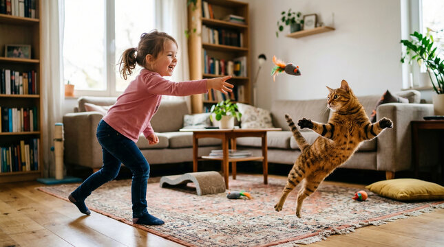 Little girl throws toy mouse to jumping tabby cat in living room.