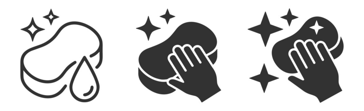 cleaning sponge icons with hand and sparkle effects isolated on transparent background