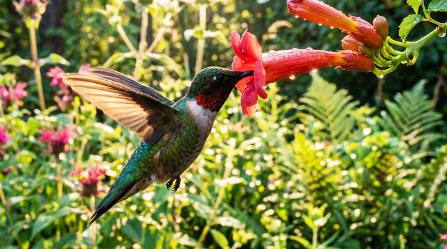 Hummingbird feeds from a red trumpet flower in a sunlit garden. Backlit iridescent feathers and water droplets create a luminous morning mood.