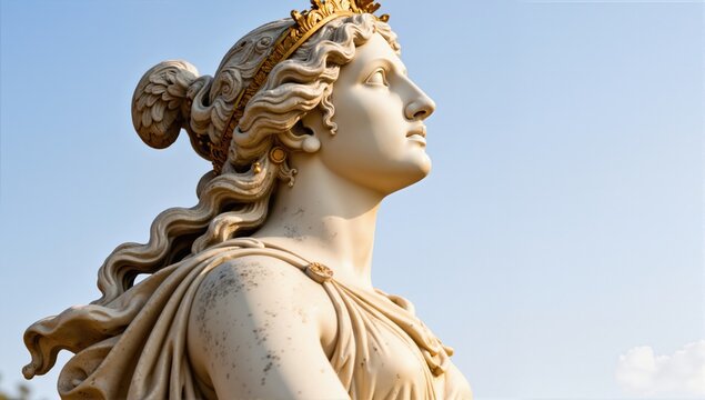 greek godess statue side angle portrait, mooving pose, looking upward
