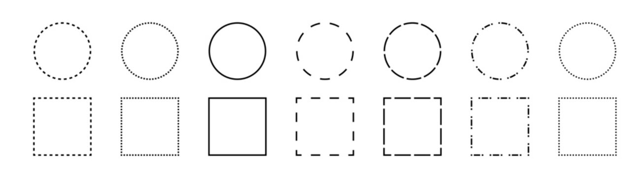 Dashed line square and round borders, dotted rectangles, circles