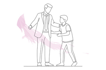 Obraz premium Continuous Line Drawing of Father and Son Walking Together, Minimalist One Line Art Illustration with Abstract Brushstroke