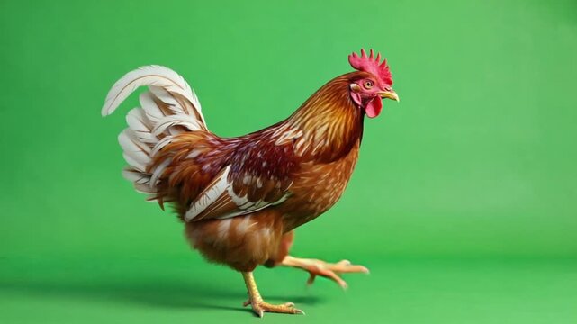 A brown rooster standing on a green background with white and brown feathers