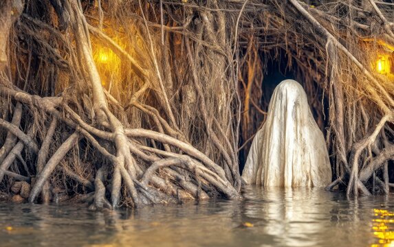 Ghostly Bride Emerging From Murky Swamp Water