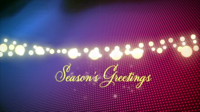 Animation of seasons greetings text over spots on purple background