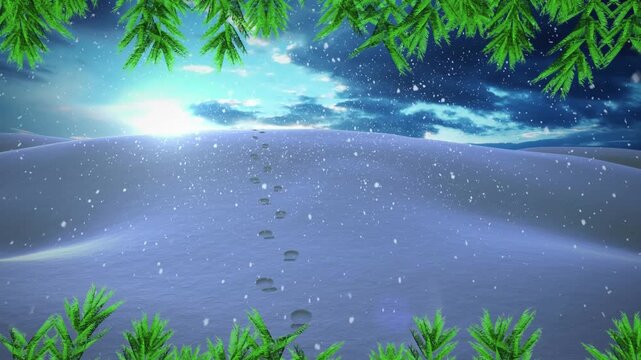 Animation of snow falling over winter scenery