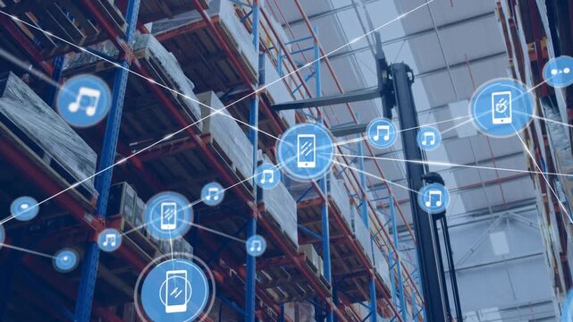 Animation of networks of connections with icons over empty warehouse