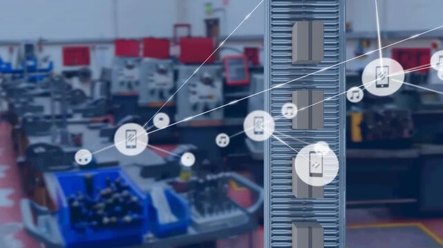 Network of digital icons and delivery boxes in conveyer belt against factory