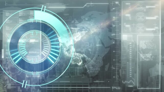 Animation of processing circle over data, globe and cityscape