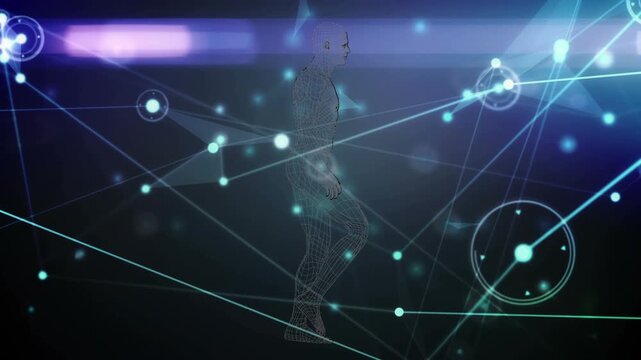 Animation of network of connections and data processing over model of human body