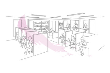 Obraz premium Minimalist Continuous Line Drawing of a Modern Library Interior with Students Studying at Individual Workstations