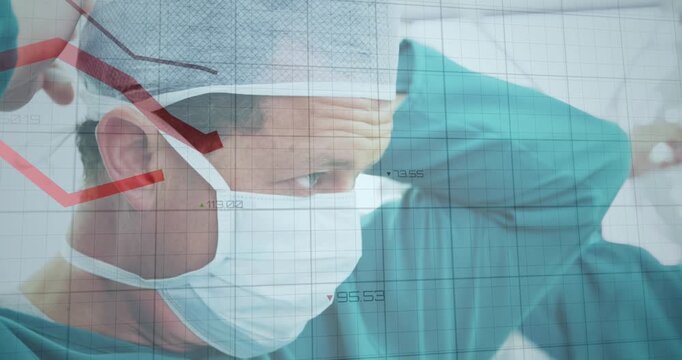 Statistical data processing over caucasian male surgeon wearing surgical mask in operation theatre