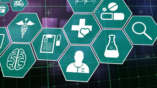 Animation of scientific icons in hexagons over violet and navy background