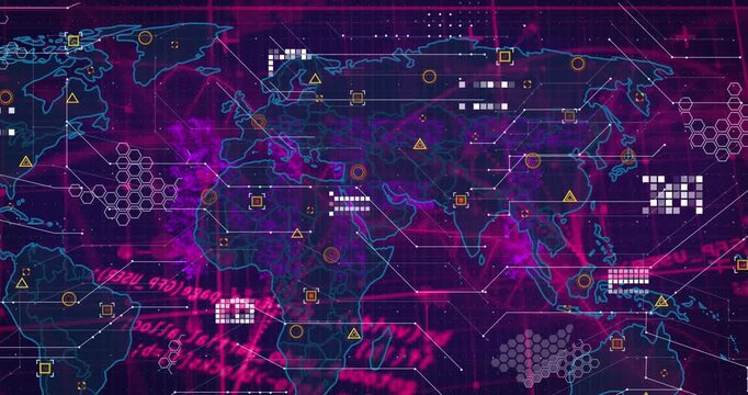 Animation of molecules, data processing and world map on navy background