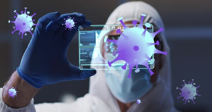 Animation of purple virus cells over caucasian male lab worker with digital card with virus data