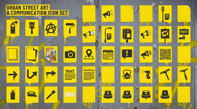 Collection of urban street art icons on a gray wall with yellow backgrounds in an urban area at daytime