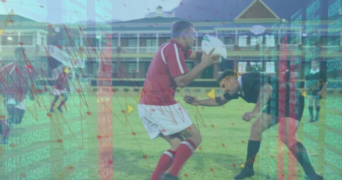 Animation of data processing over diverse rugby players at stadium