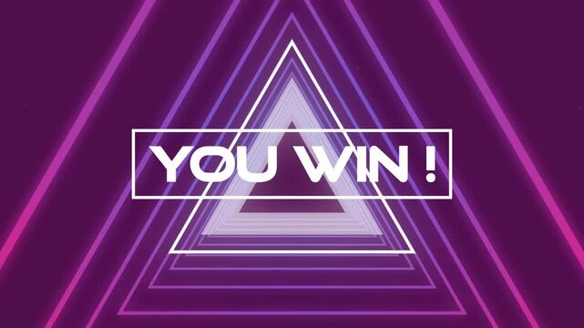 Animation of digital you win text moving in loop between graphical triangular shapes