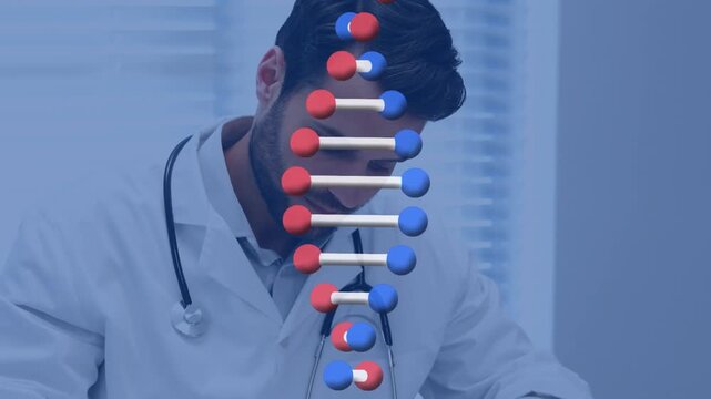 Animation of graphical dna double helix rotating over caucasian doctor writing medical report
