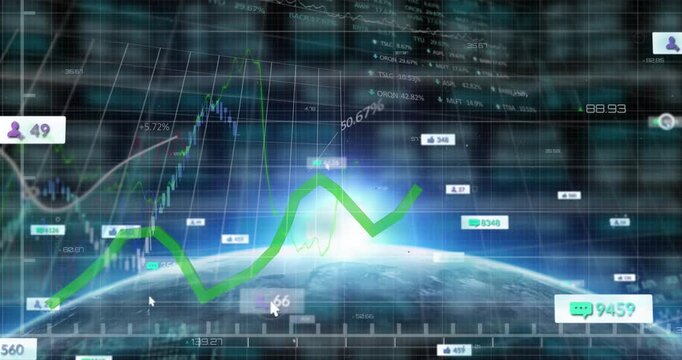 Animation of digital globe with social media notifications and lines graphs against trading board