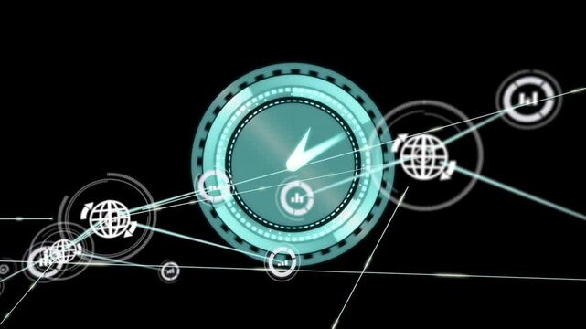 Animation of network of connections with icons over moving clock on black background