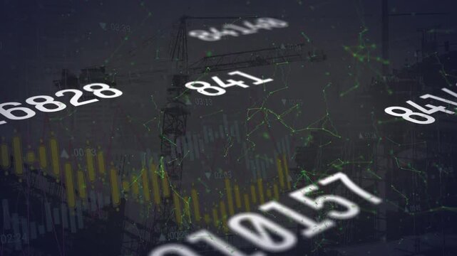 Animation of changing numbers and statistical data processing against construction site
