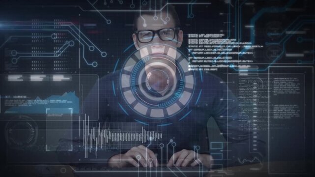 Animation of various digital patterns over caucasian computer expert working