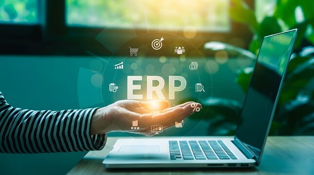 Business professional using ERP software on laptop with digital icons and warm sunlight in modern office