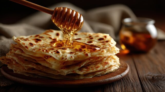 Golden Moroccan msemen with honey, warm light highlighting textures, on rustic wooden table. Ideal for culinary blogs or traditional cuisine promotions.