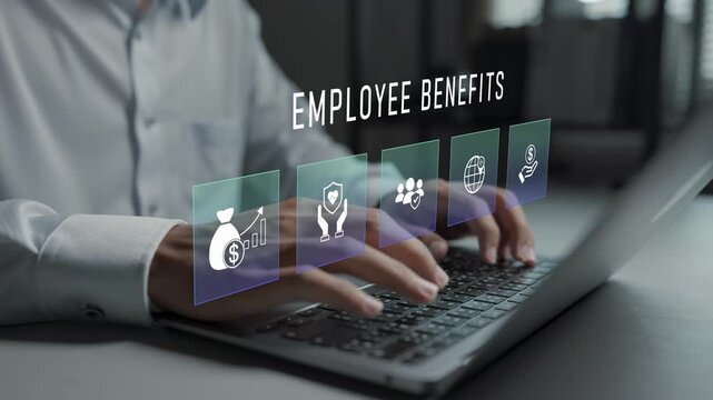 Corporate employee benefits management concept. Person using laptop with salary and reward icons, compensation planning, staff benefits and human resource strategy.