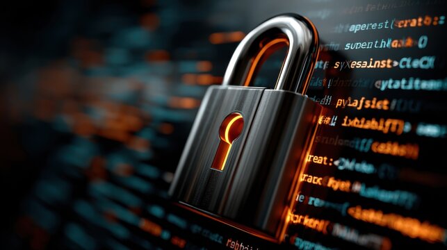Secure code development with padlock and code snippets, highlighting digital protection and cybersecurity.