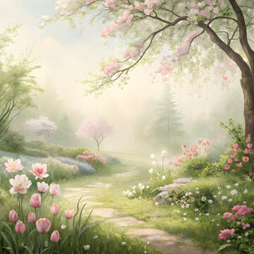  spring garden scene, heavy blur, dreamy soft colors, pastel tones, large empty space, background for banner

