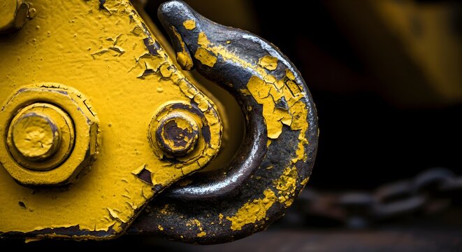 Macro heavy industrial towing hook thick chipped yellow paint raw steel.
