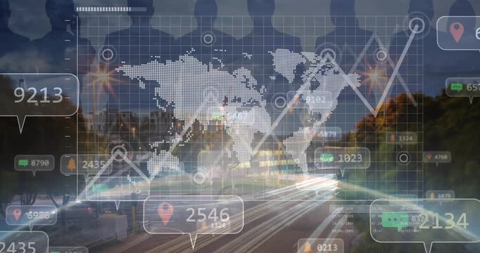 Animation shows social media's global impact with icons and data over a city.