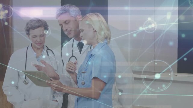 Animation of network of connections over group of caucasian