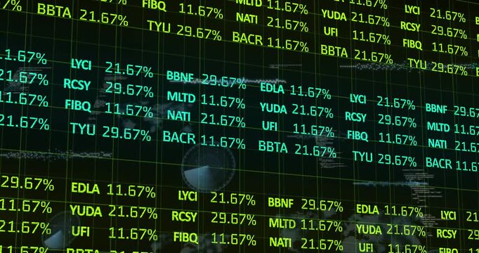 Animation of financial data processing, statistics and scope on black background